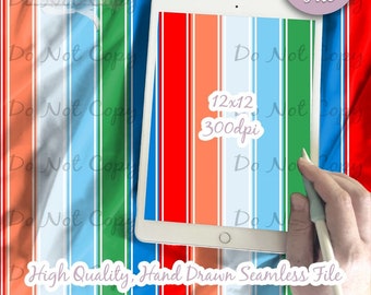 May include: A digital file of a seamless pattern with vertical stripes in red, orange, blue, green, and white. The pattern is 12 inches by 12 inches and 300 dpi. The text "Do Not Copy" is repeated throughout the image.