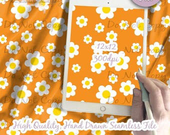 May include: A digital file of a seamless pattern featuring white daisies with yellow centers on an orange background. The pattern is 12 inches by 12 inches and 300 dpi. The text "Do Not Copy" appears multiple times on the image.