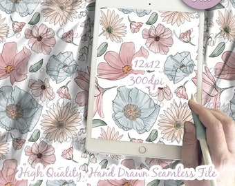 Grandmillennial Watercolor Floral Seamless Digital Paper Pattern, Fabric Design or printable scrapbook paper, flower background