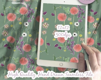 May include: A seamless digital pattern featuring a green background with pink, white, and purple flowers. The pattern is 12 inches by 12 inches and 300 dpi.