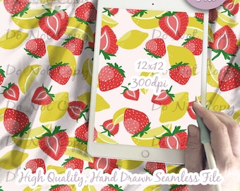 May include: A digital seamless pattern featuring yellow lemons and red strawberries on a white background. The pattern is 12 inches by 12 inches and 300 dpi.