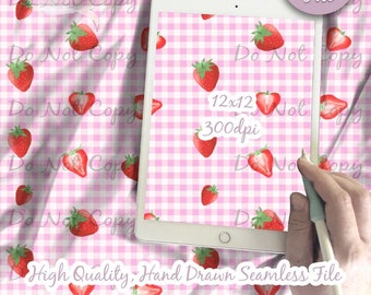 Strawberries Digital Paper, Seamless Pink Gingham Pattern, Picnic Fabric Download, Watercolor Strawberry, Digital Printable Scrapbook paper