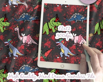 Dinosaurs Digital Paper - Seamless Halloween Pattern, Witch Costume Horror Dino Fabric, Spooky dinos Printable Scrapbook download