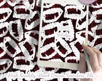 May include: A digital file of a seamless pattern featuring white vampire fangs on a red and black background. The pattern is 12x12 inches and 300 dpi. The text "Digital File" and "High Quality, Hand Drawn Seamless File" are also visible.