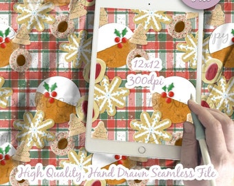 Papel digital de galletas navideñas: patrón de postre navideño de invierno sin costuras, tela de comida navideña, papel de álbum de recortes imprimible a cuadros