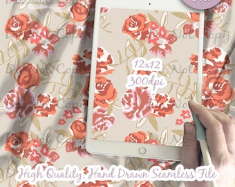 May include: A digital file of a seamless pattern featuring hand-drawn red and pink flowers on a beige background. The pattern is 12x12 inches and 300 dpi. The text "Digital File" and "High Quality, Hand Drawn Seamless File" are visible in the image.