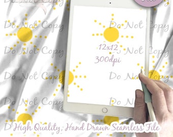 May include: A digital file of a seamless pattern featuring yellow suns with white dots on a white background. The text "12x12, 300dpi" is visible on a tablet screen.
