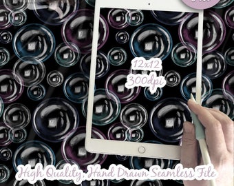 Patrón sin costuras de burbujas, diseño de burbujas de papel digital para arte textil repetitivo, papel de álbum de recortes imprimible con burbujas iridiscentes para la hora del baño.