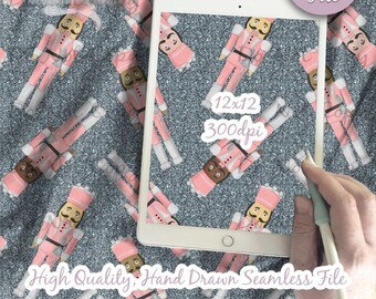 Nutcracker Christmas Ornaments Digital Paper - Seamless Pink Glitter Winter Pattern, Fabric Printable Scrapbook paper download