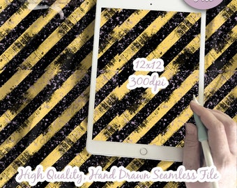 May include: A digital seamless pattern featuring black and yellow diagonal stripes with a distressed, grunge effect. The pattern is overlaid with a subtle pink glitter effect. The image shows a digital file, 12x12 inches, 300 dpi, and the text "High Quality, Hand Drawn Seamless File".