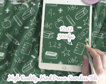 May include: A digital file of a seamless pattern featuring hand-drawn white chalk illustrations on a green chalkboard background. The illustrations include letters, numbers, stars, apples, pencils, rulers, and an eraser. The text "12x12 300dpi" is also included in the image.