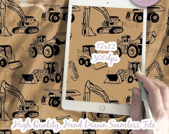 Construction Trucks Digital Paper - Seamless Tractor Pattern, Caution, dump truck, back hoe, dig Fabric, Printable Scrapbook paper download