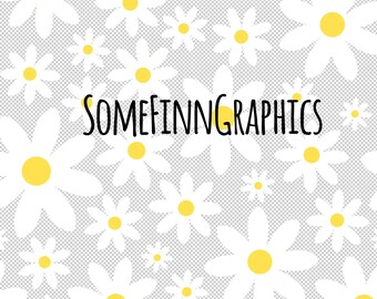 May include: A seamless pattern of white daisies with yellow centers on a gray background. The text "SOMEFINNGRAPHICS" is in the center of the image.