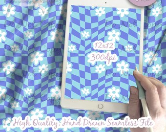 May include: A digital seamless pattern featuring a blue and light blue checkered background with white daisy flowers. The pattern is 12 inches by 12 inches and 300 dpi.