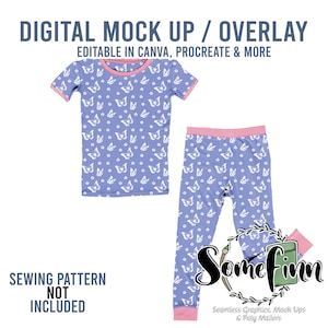 May include: Digital mock-up of a blue and white pajama set with a butterfly pattern. The set includes a short-sleeved shirt and pants. The mock-up is editable in Canva, Procreate, and other design programs.  "Sewing pattern not included."