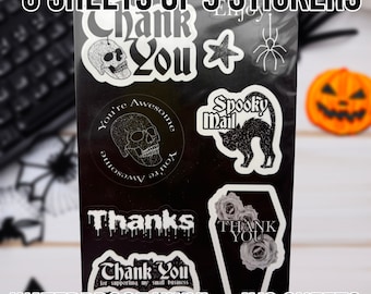 May include: Five sheets of nine Halloween-themed stickers featuring a variety of designs, including skulls, a cat, a coffin, and the text "Thank You". The stickers are printed on waterproof vinyl and measure 4 inches by 6 inches.