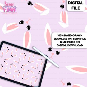 May include: A digital file featuring a seamless pattern of white and pink rabbit ears with black eyes on a light purple background. The image includes text stating DIGITAL FILE and 100% HAND-DRAWN SEAMLESS PATTERN FILE 30.48x30.48 CM 300 DPI DIGITAL DOWNLOAD.