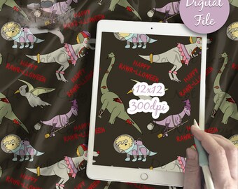 Dinosaurs Digital Paper - Seamless Halloween Pattern, Witch Costume Horror Dino Fabric, Spooky dinos Printable Scrapbook download