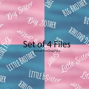 Puede incluir: Un conjunto de cuatro archivos digitales para imprimir. Cada archivo presenta un patrón repetitivo de las palabras "Hermana Mayor", "Hermana Menor", "Hermano Mayor" y "Hermano Menor" en texto blanco sobre un fondo rosa o azul.