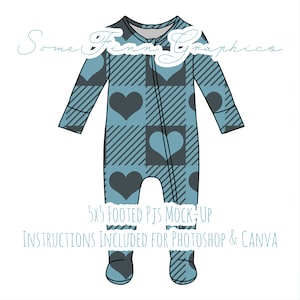May include: A blue and gray plaid footed pajama onesie with a zipper down the front and heart designs. The onesie is a mock-up for use in Photoshop and Canva. 5x5 Footed PJS Mock-Up. Instructions Included for Photoshop & Canva.