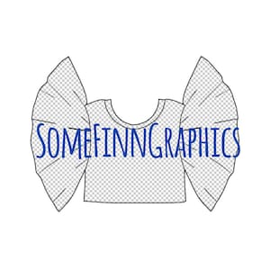 Puede incluir: Dibujo de línea de una blusa blanca con mangas grandes y con volantes. El texto "SOMEFINNGRAPHICS" está impreso en azul en la parte delantera de la blusa.