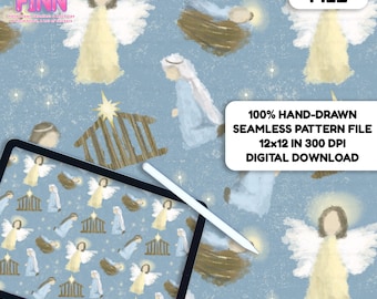 May include: Digital file featuring a hand-drawn seamless pattern with angels, a manger, and stars on a light blue background. The pattern is 12x12 inches at 300 DPI. The text "DIGITAL FILE" and "100% HAND-DRAWN SEAMLESS PATTERN FILE 12x12 IN 300 DPI DIGITAL DOWNLOAD" are also visible.