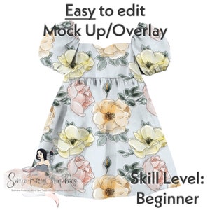 Könnte beinhalten: Ein Mockup eines hellblauen Kleides mit Blumenmuster. Das Kleid hat einen quadratischen Ausschnitt, kurze Puffärmel und einen gerafften Rock. Die Blumen sind gelb, rosa und grün. Der Text "Easy to edit Mock Up/Overlay" befindet sich oben im Bild. Der Text "Some Firm Graphics" befindet sich unten links im Bild. Der Text "Skill Level: Beginner" befindet sich unten rechts im Bild.