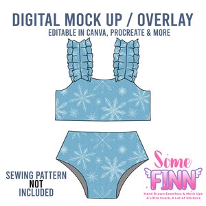 May include: A light blue two-piece swimsuit mockup with a snowflake pattern. The top has ruffled straps, and the high-waisted bottoms are also light blue with white snowflakes. Text on the image reads "DIGITAL MOCK UP / OVERLAY" and "SEWING PATTERN NOT INCLUDED."