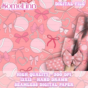 May include: A seamless digital paper pattern featuring pink tennis balls, bows, and hearts on a pink background. The pattern is 12 inches by 12 inches and 300 DPI. The text "SomeFinn" and "www.shopsomefinn.com" is at the top of the image. The text "DIGITAL FILE" is at the top right of the image. The text "HIGH QUALITY - 300 DPI" is at the bottom of the image. The text "12X12 - HAND DRAWN" is at the bottom of the image. The text "SEAMLESS DIGITAL PAPER" is at the bottom of the image.