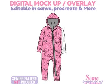 Hooded Zippie Mock Up Overlay, Baby One Piece Pajama Digital cute Mockup, Canva Procreate
