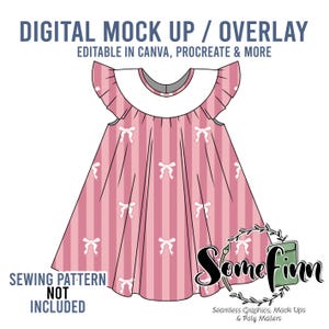 Puede incluir: Una maqueta digital de un vestido a rayas rosa y blancas con lazos blancos. El vestido tiene un cuello blanco y mangas con volantes. El texto "DIGITAL MOCK UP / OVERLAY" y "EDITABLE IN CANVA, PROCREATE & MORE" está en la parte superior de la imagen. El texto "SEWING PATTERN NOT INCLUDED" está en la parte inferior de la imagen. El texto "Somefinn Seamless Graphics, Mock Ups & Poly Mailers" está en la parte inferior derecha de la imagen.