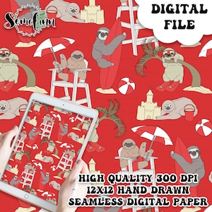 Papel digital sin costuras de perezosos de verano: patrón de perezoso adorable, tela para traje de baño de playa, papel imprimible para álbum de recortes, perezosos de playa y océano