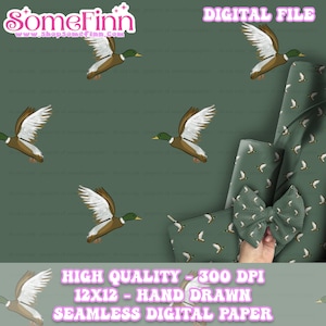May include: A seamless digital paper pattern featuring a repeating design of brown ducks flying against a green background. The text "HIGH QUALITY - 300 DPI 12X12 - HAND DRAWN SEAMLESS DIGITAL PAPER" is at the bottom of the image.