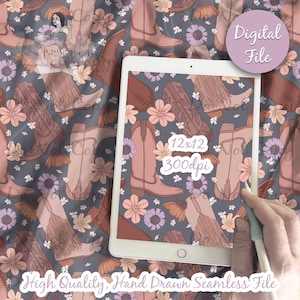 May include: A seamless pattern featuring pink and brown cowboy boots with fringe, surrounded by pink, orange, and purple flowers on a gray background. The pattern is displayed on a tablet screen with the text "12x12 300dpi" and "Digital File" in a purple box.