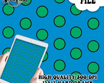 May include: A digital paper with a seamless pattern of green circles on a blue background. The paper is 12x12 inches and 300 DPI.  The text "DIGITAL FILE" is in a white cloud shape in the upper right corner of the image.