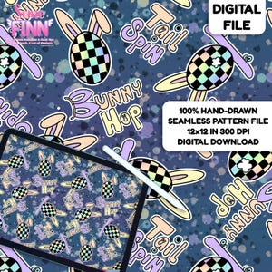 May include: A digital file featuring a seamless Easter-themed pattern. The design includes bunny ears, checkered eggs, and the words "Bunny Hop" and "Tail Spin" in a playful font. The background is a dark blue with colorful splatters.