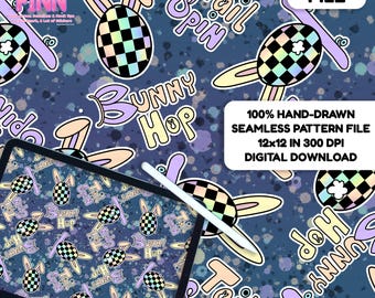 May include: A digital file featuring a seamless Easter-themed pattern. The design includes bunny ears, checkered eggs, and the words "Bunny Hop" and "Tail Spin" in a playful font. The background is a dark blue with colorful splatters.