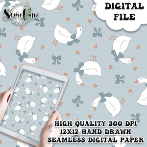 May include: A seamless digital paper pattern featuring white geese with blue bows on a light blue background. The pattern also includes small hearts and bows. The text "HIGH QUALITY 300 DPI 12X12 HAND DRAWN SEAMLESS DIGITAL PAPER" is at the bottom of the image.