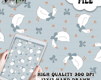Vintage Goose With Blue Ribbon Digital Paper - Seamless Patterns, Geese Printable Scrapbook paper download - grannycore cute, grandmas house
