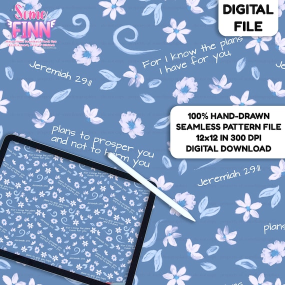 Jeremiah 29:11 Floral Seamless Pattern, Christian Bible Verse Digital Paper, Blue Faith Fabric Design PNG, faith based seamless