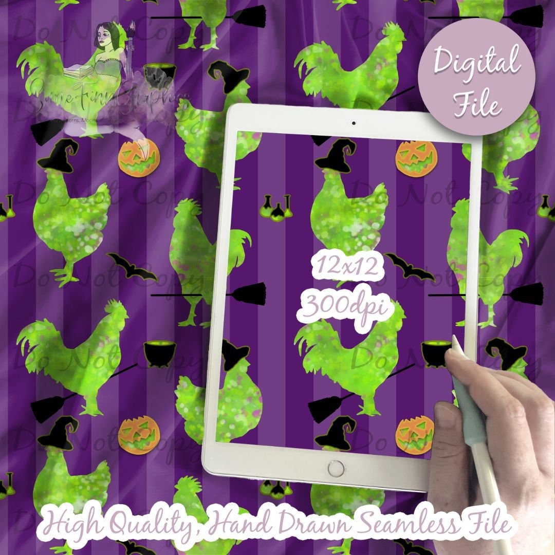 Chicken Witch Seamless Pattern, Chickens Farm Animal Halloween, Witchy ...