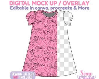 May include: A pink dress with a bow pattern, featuring the text "DIGITAL MOCK UP / OVERLAY" and "Editable in canva, procreate & More." The design includes a gray neckline and short sleeves. The words "SEWING PATTERN NOT INCLUDED" are also visible.