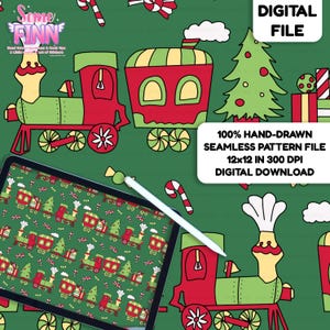 Vintage Christmas Train Seamless Pattern, Whimsical Holiday Train Digital Fabric Design PNG