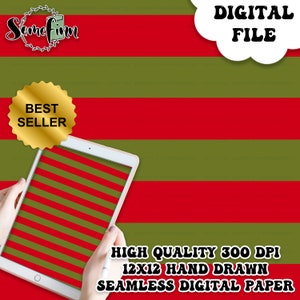 Freddy Stripes Seamless 12x12 Digital Paper | Fabric Halloween Stripe Pattern Download | Printable Scrapbook Background | Red and Green