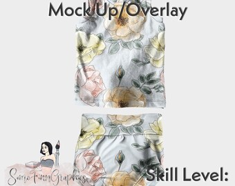 May include: A mock-up of a white tank top and matching shorts with a floral print featuring yellow, pink, and green roses. The text "Easy to edit Mock Up/Overlay" is at the top of the image. The text "Some Finn Graphics" is at the bottom of the image. The text "Skill Level: Beginner" is at the bottom right of the image.