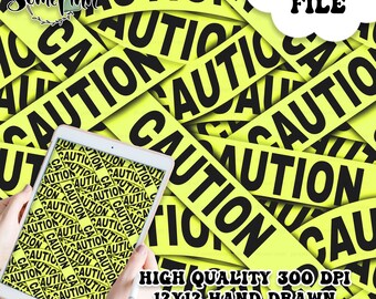 Peut inclure: Un fichier numérique présentant un motif répétitif de ruban de signalisation jaune avec le mot CAUTION imprimé en lettres capitales noires. L'image contient le texte DIGITAL FILE, HIGH QUALITY 300 DPI, 12X12 HAND DRAWN SEAMLESS DIGITAL PAPER.