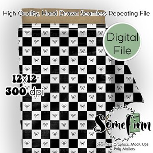 Checkered Black and White Digital Paper - Bow Seamless Pattern, plaid Fabric, Printable Scrapbook paper download, Cute girly alternative