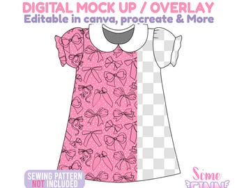 May include: A digital mock-up of a pink dress with a white collar and bow pattern. The dress design is on the left, with a transparent checkered pattern on the right. Text includes "DIGITAL MOCK UP / OVERLAY" and "SEWING PATTERN NOT INCLUDED".