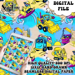 May include: A seamless digital paper pattern featuring cartoon construction vehicles in various colours, including yellow, blue, and red. The vehicles are on a beach background with waves, stars, and a sun. The text "DIGITAL FILE" is in the top right corner.