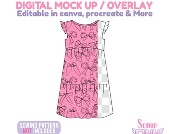 May include: A pink dress design with a bow pattern and white polka dots. The dress has a tiered skirt and ruffled sleeves. Text on the image reads "DIGITAL MOCK UP / OVERLAY" and "SEWING PATTERN NOT INCLUDED".